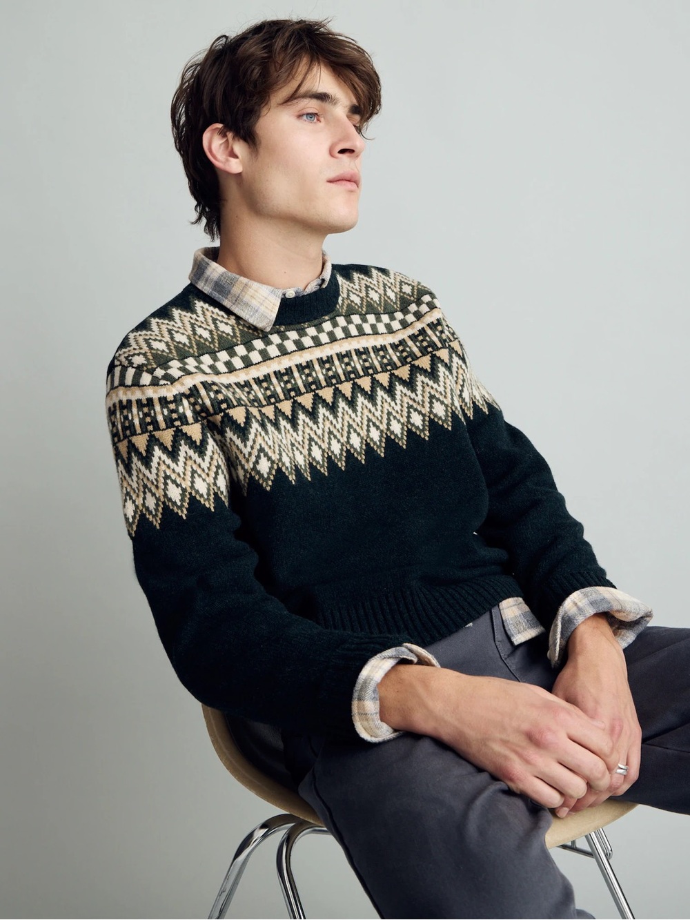 Madewell Men's Dark Green Crewneck Sweater with Cream Fair Isle Yoke
